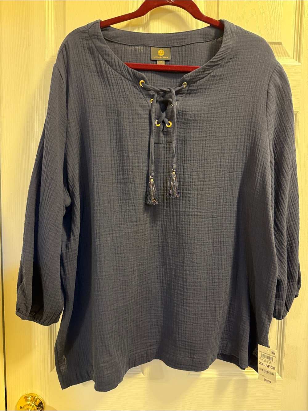 Brand New With Tags JM Collection Blue XXL Cotton Gauze Tunic With Tie Tassels